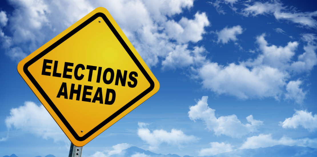 A placard showing "Election Ahead"